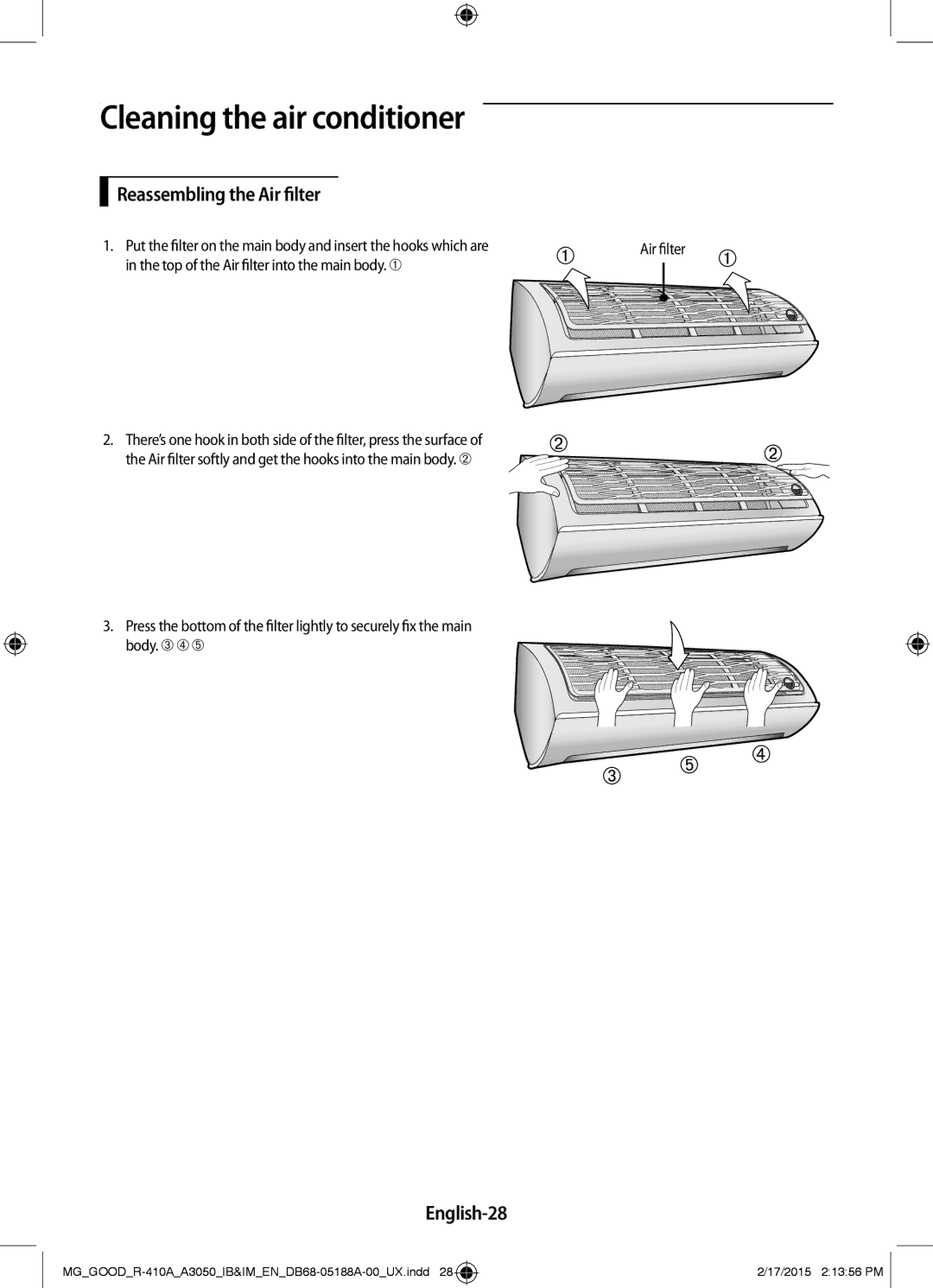 Samsung AR24JRFNBWKNMG manual Reassembling the Air filter, English-28, Top of the Air filter into the main body.. ➀ 