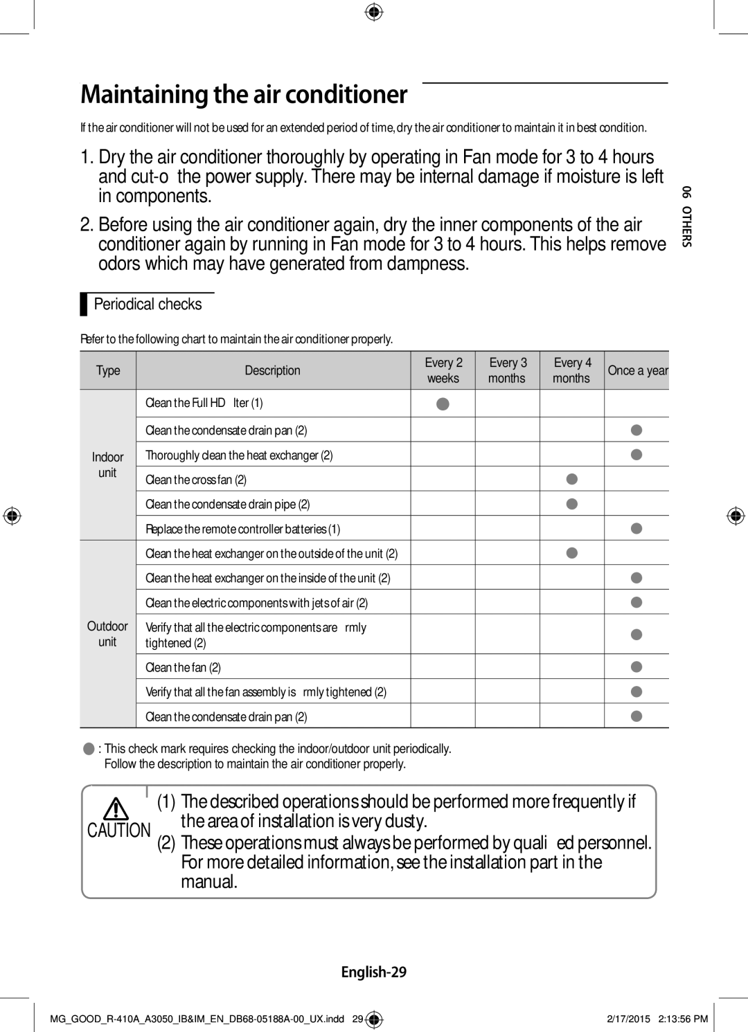 Samsung AR24JRFSBWKNMG, AR24JRFNBWKNMG manual Maintaining the air conditioner, English-29 