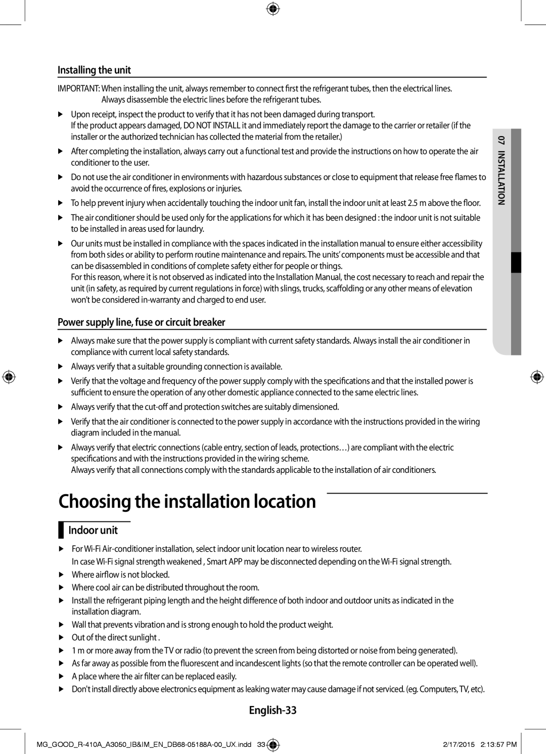 Samsung AR24JRFSBWKNMG Choosing the installation location, Installing the unit, Power supply line, fuse or circuit breaker 