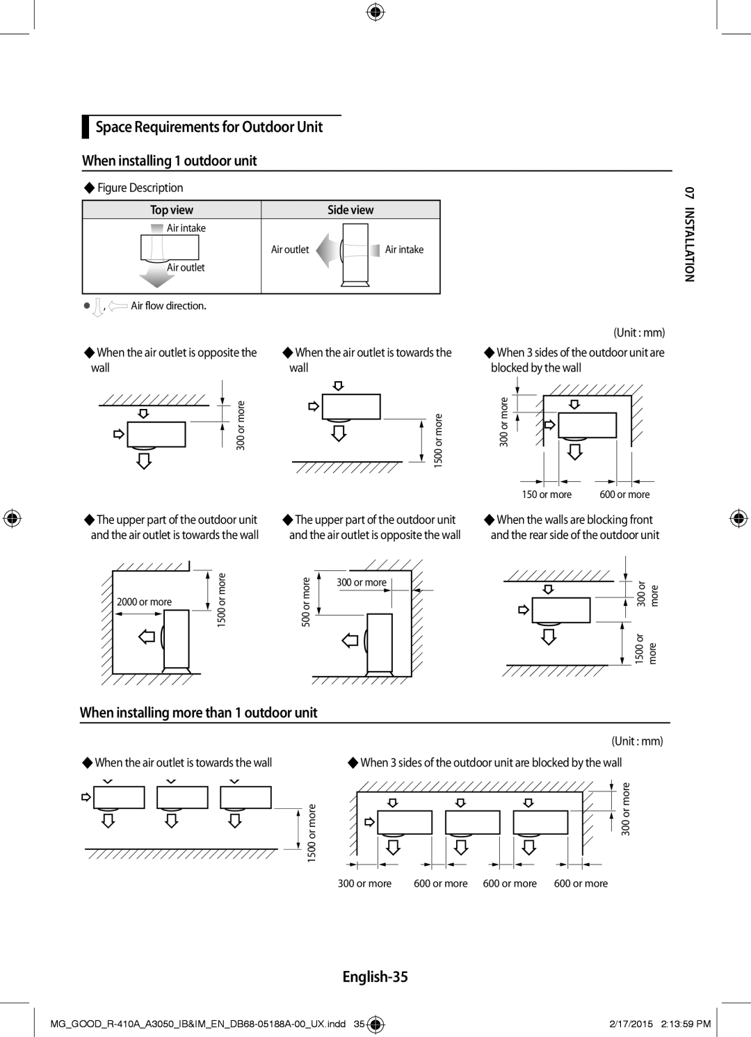 Samsung AR24JRFSBWKNMG, AR24JRFNBWKNMG manual When installing more than 1 outdoor unit, English-35, Top view Side view 