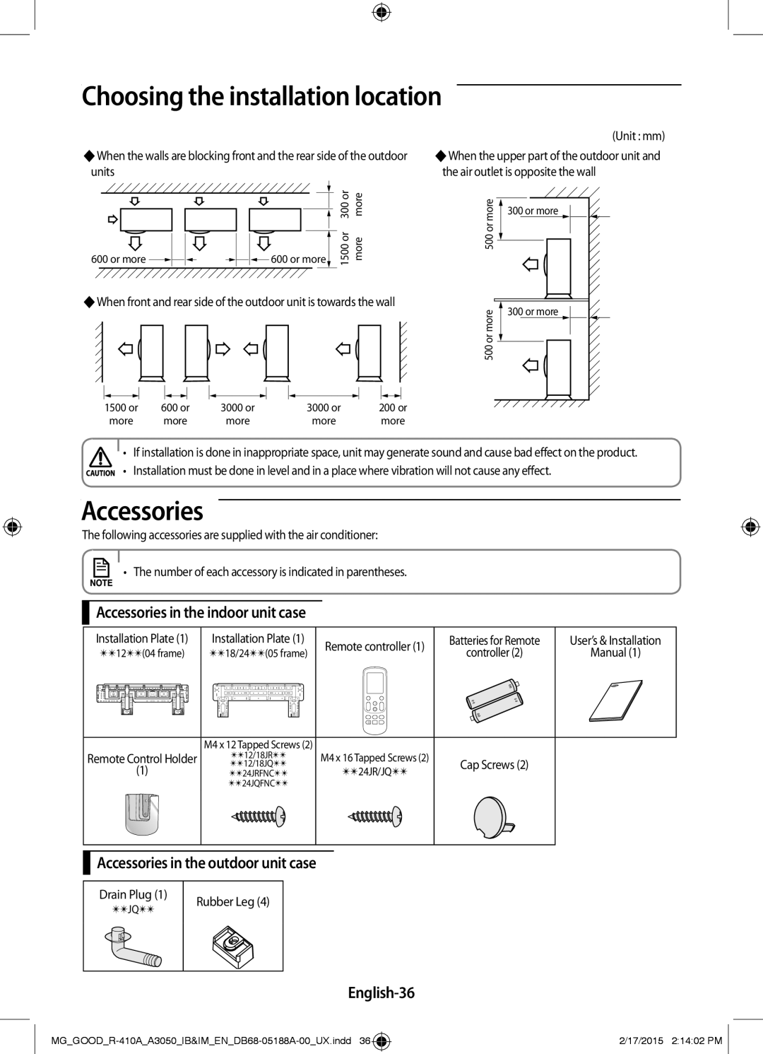 Samsung AR24JRFNBWKNMG manual Accessories in the indoor unit case, Accessories in the outdoor unit case, English-36 