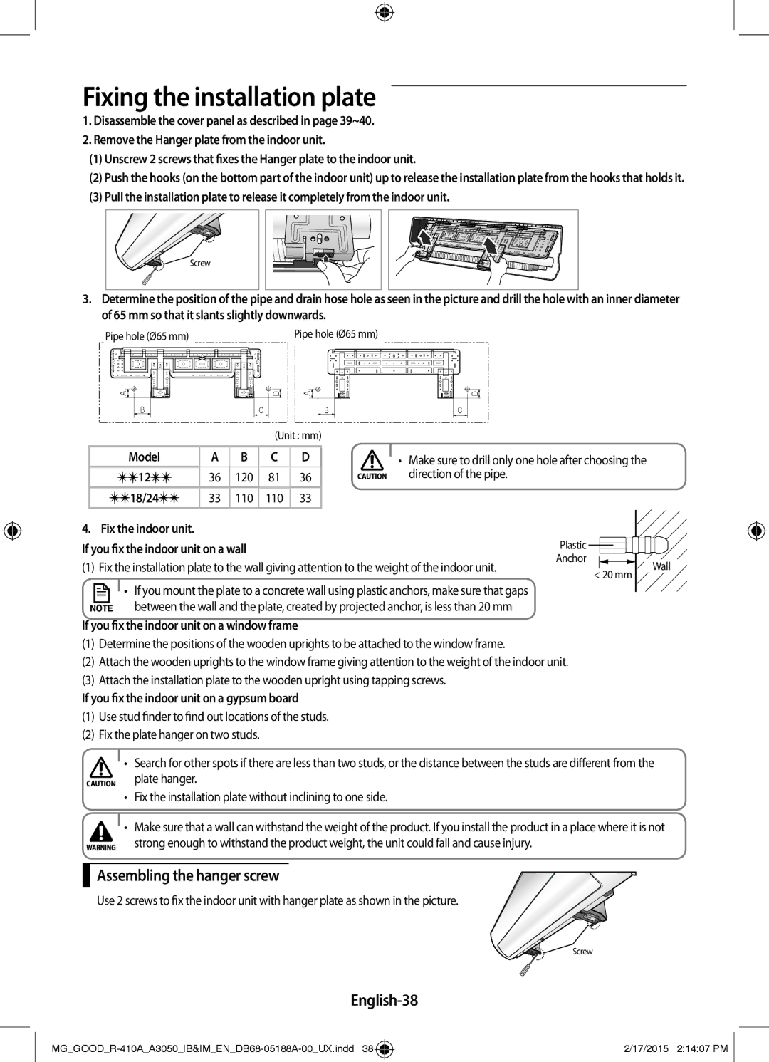 Samsung AR24JRFNBWKNMG, AR24JRFSBWKNMG manual Assembling the hanger screw, English-38 