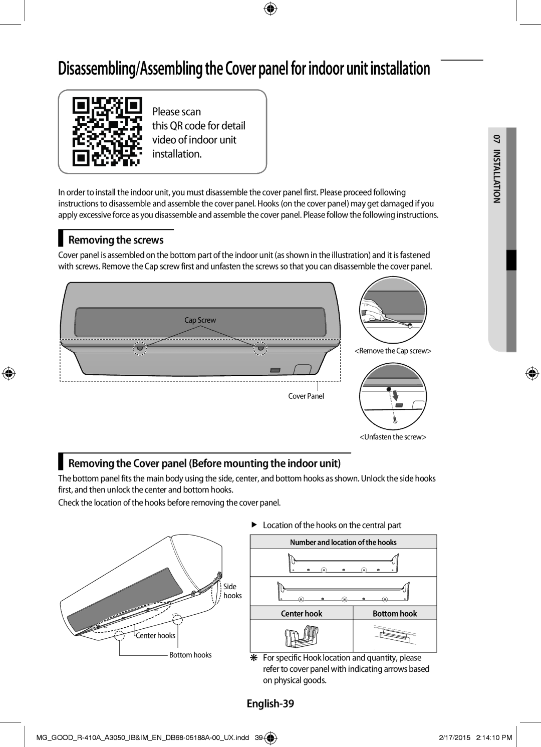 Samsung AR24JRFSBWKNMG manual Removing the screws, Removing the Cover panel Before mounting the indoor unit, English-39 