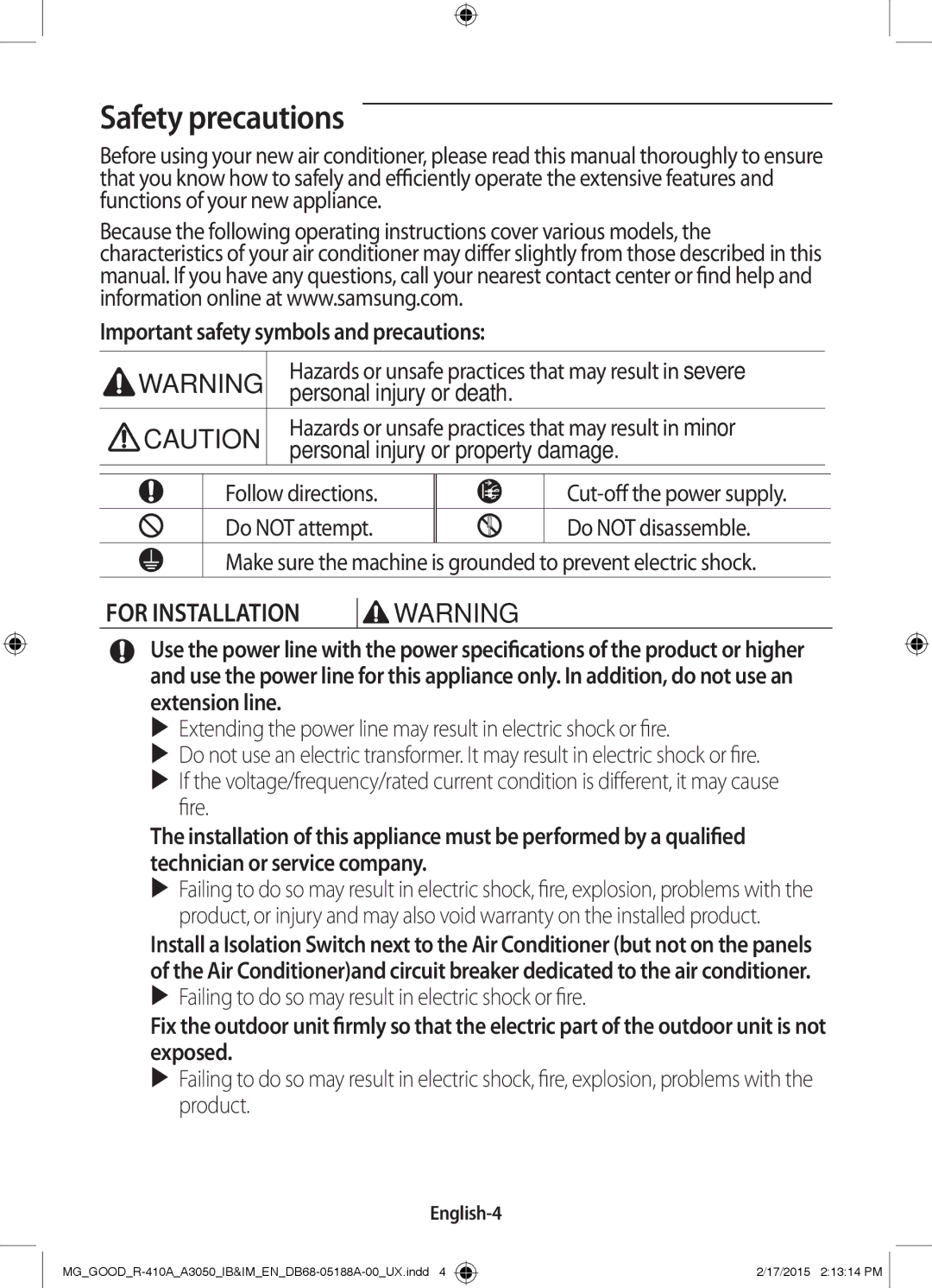 Samsung AR24JRFNBWKNMG, AR24JRFSBWKNMG manual Safety precautions, English-4 