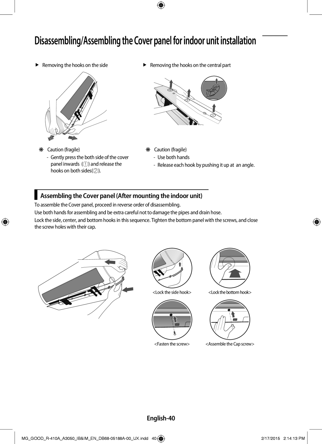 Samsung AR24JRFNBWKNMG, AR24JRFSBWKNMG manual Assembling the Cover panel After mounting the indoor unit, English-40 