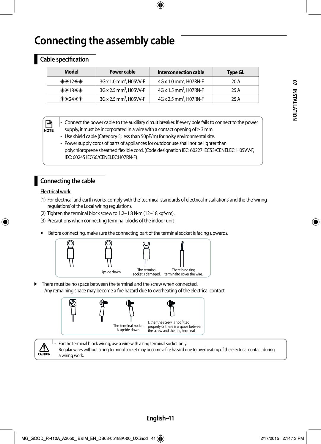 Samsung AR24JRFSBWKNMG manual Connecting the assembly cable, Cable specification, Connecting the cable, English-41 