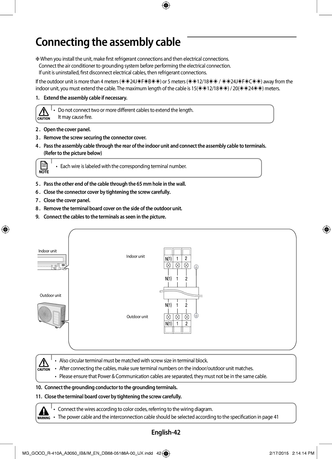 Samsung AR24JRFNBWKNMG, AR24JRFSBWKNMG manual English-42, Extend the assembly cable if necessary 