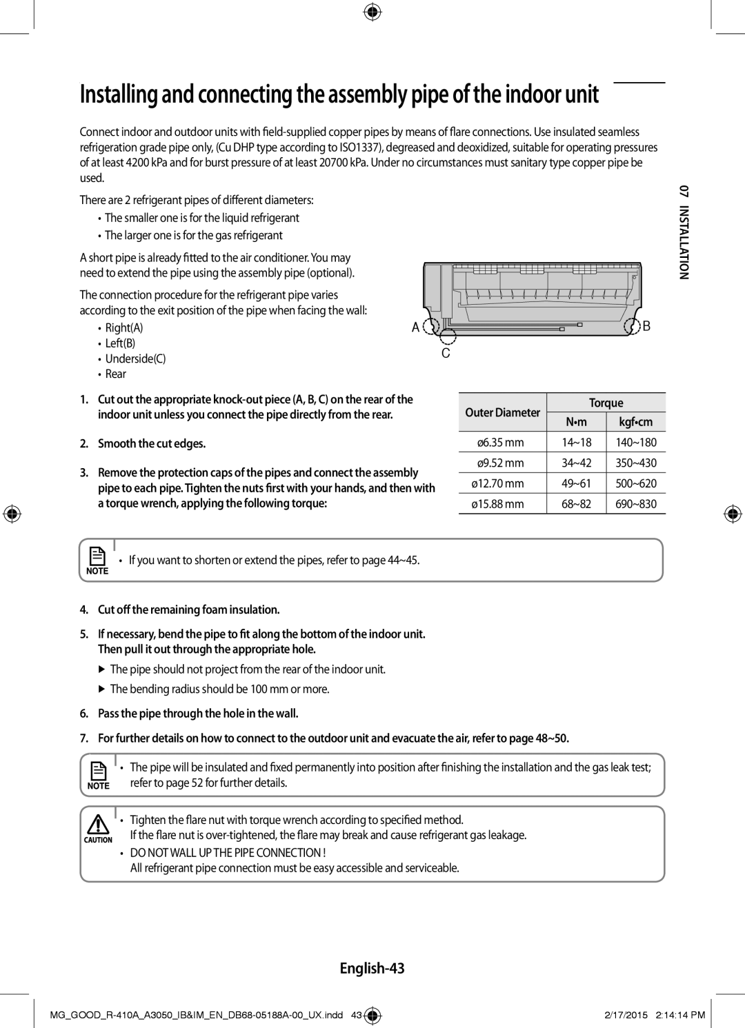 Samsung AR24JRFSBWKNMG, AR24JRFNBWKNMG English-43, Smooth the cut edges, Cut off the remaining foam insulation, Torque 