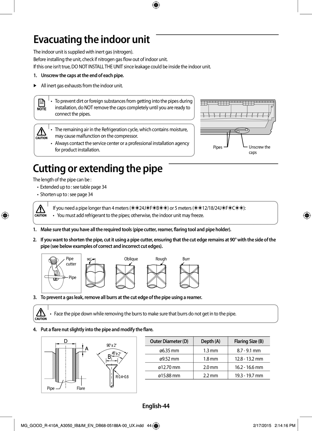 Samsung AR24JRFNBWKNMG, AR24JRFSBWKNMG manual Evacuating the indoor unit, Cutting or extending the pipe, English-44 