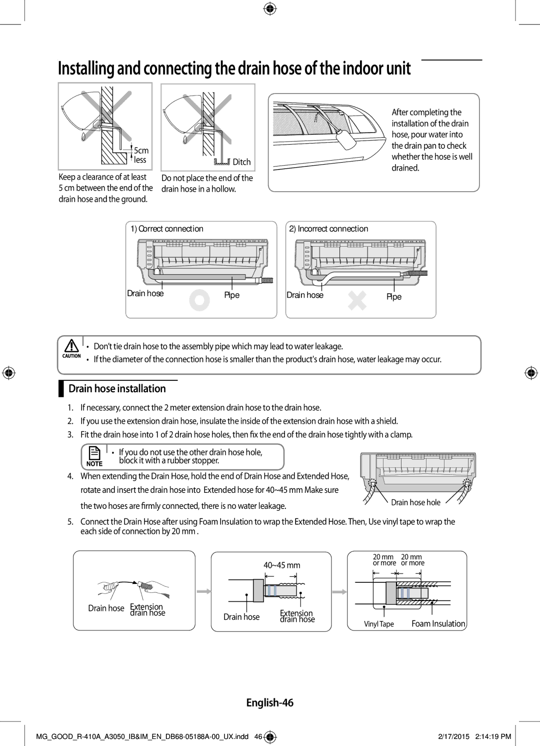 Samsung AR24JRFNBWKNMG, AR24JRFSBWKNMG manual Drain hose installation, English-46 