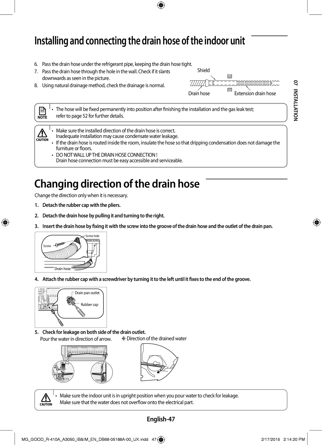 Samsung AR24JRFSBWKNMG, AR24JRFNBWKNMG manual Changing direction of the drain hose, English-47 