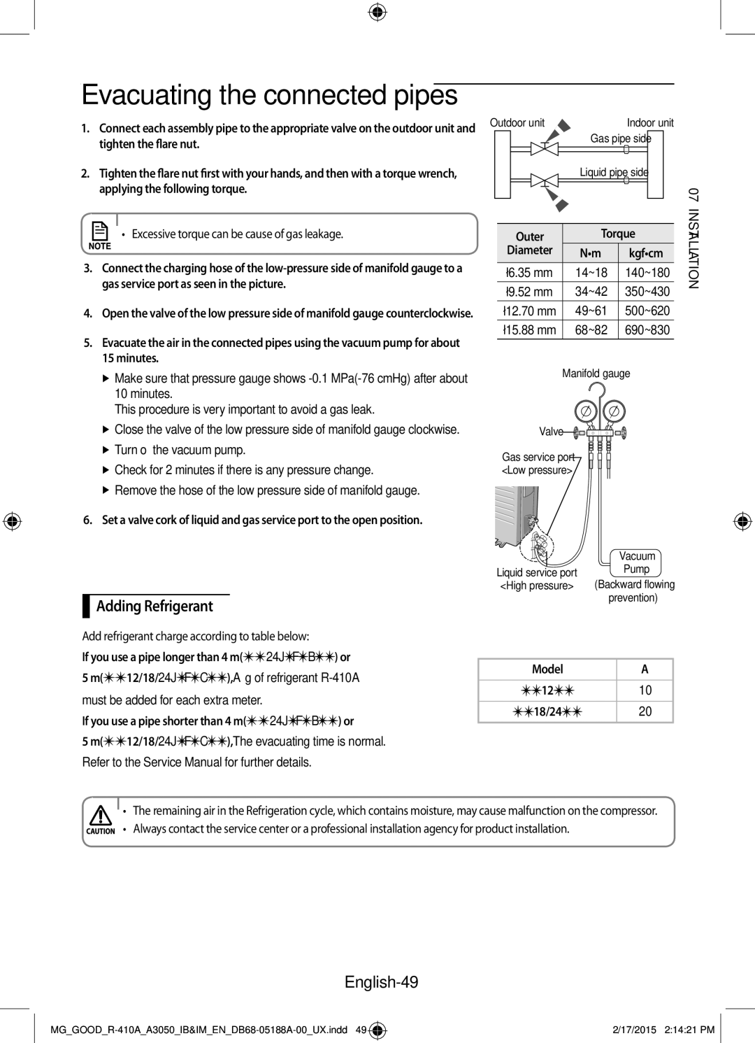 Samsung AR24JRFSBWKNMG manual Adding Refrigerant, English-49, If you use a pipe longer than 4 m24JFB or, Outer Torque 