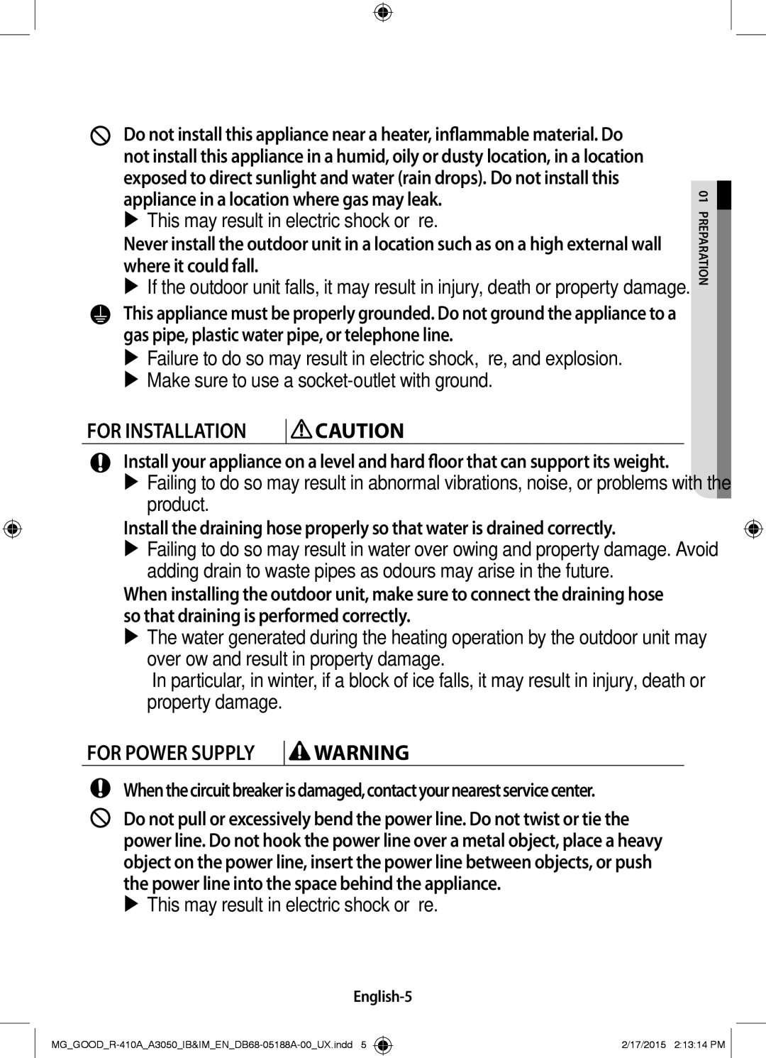 Samsung AR24JRFSBWKNMG, AR24JRFNBWKNMG manual English-5, 01epPr aration 