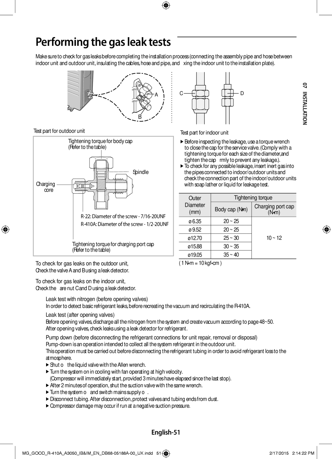 Samsung AR24JRFSBWKNMG Performing the gas leak tests, English-51, Outer Tightening torque, Leak test after opening valves 