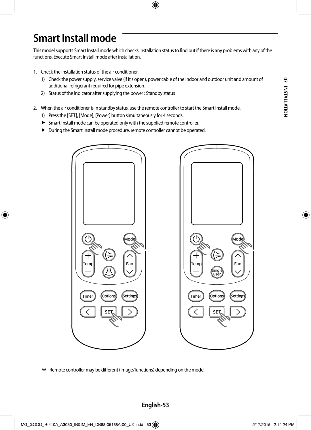 Samsung AR24JRFSBWKNMG, AR24JRFNBWKNMG manual Smart Install mode, English-53 