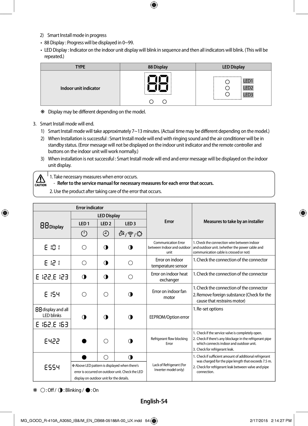 Samsung AR24JRFNBWKNMG, AR24JRFSBWKNMG manual English-54, Off / Blinking / On 