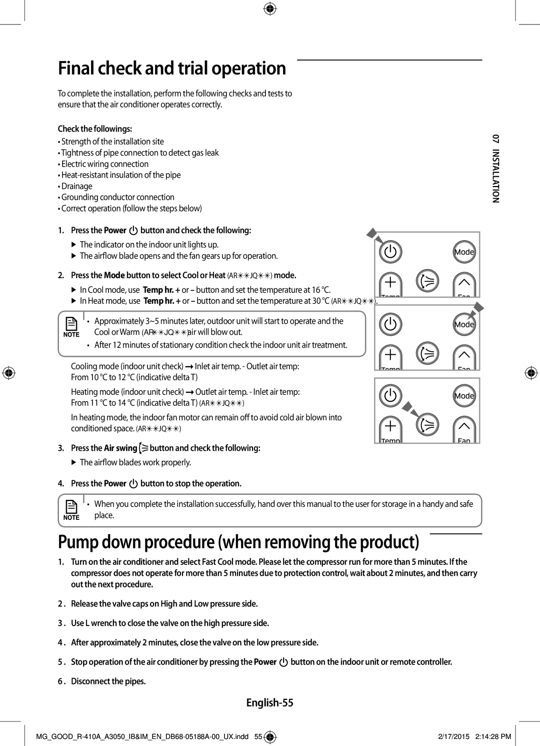 Samsung AR24JRFSBWKNMG, AR24JRFNBWKNMG manual Final check and trial operation, English-55 