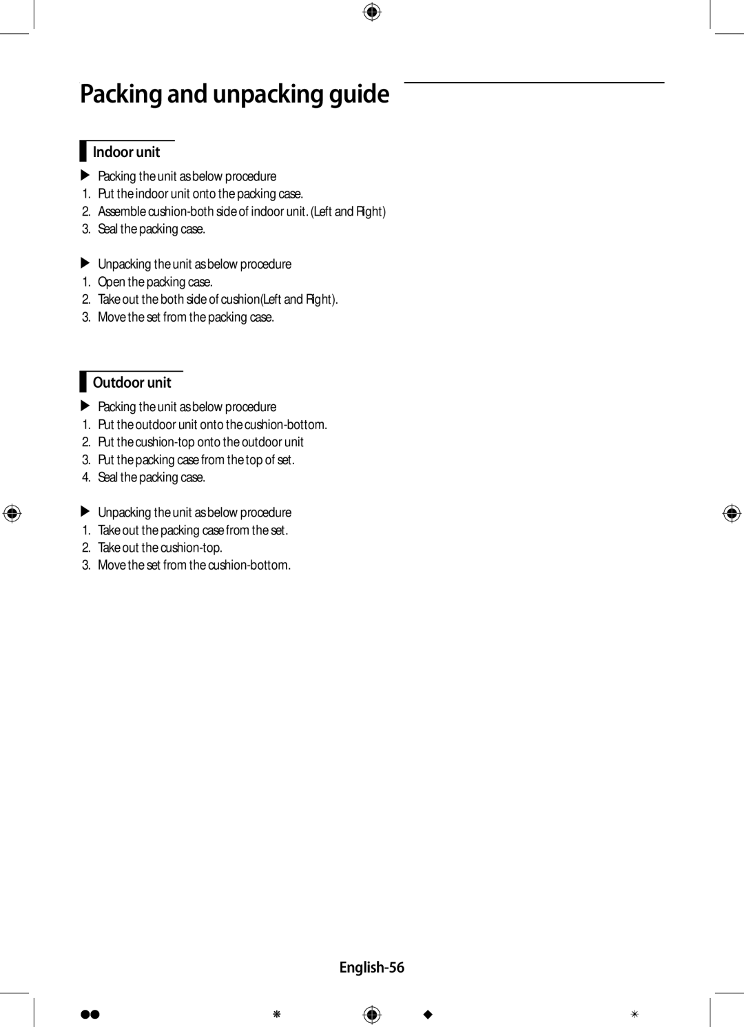 Samsung AR24JRFNBWKNMG, AR24JRFSBWKNMG manual Packing and unpacking guide, English-56 