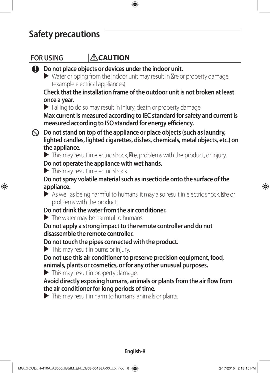 Samsung AR24JRFNBWKNMG, AR24JRFSBWKNMG manual Do not place objects or devices under the indoor unit, English-8 