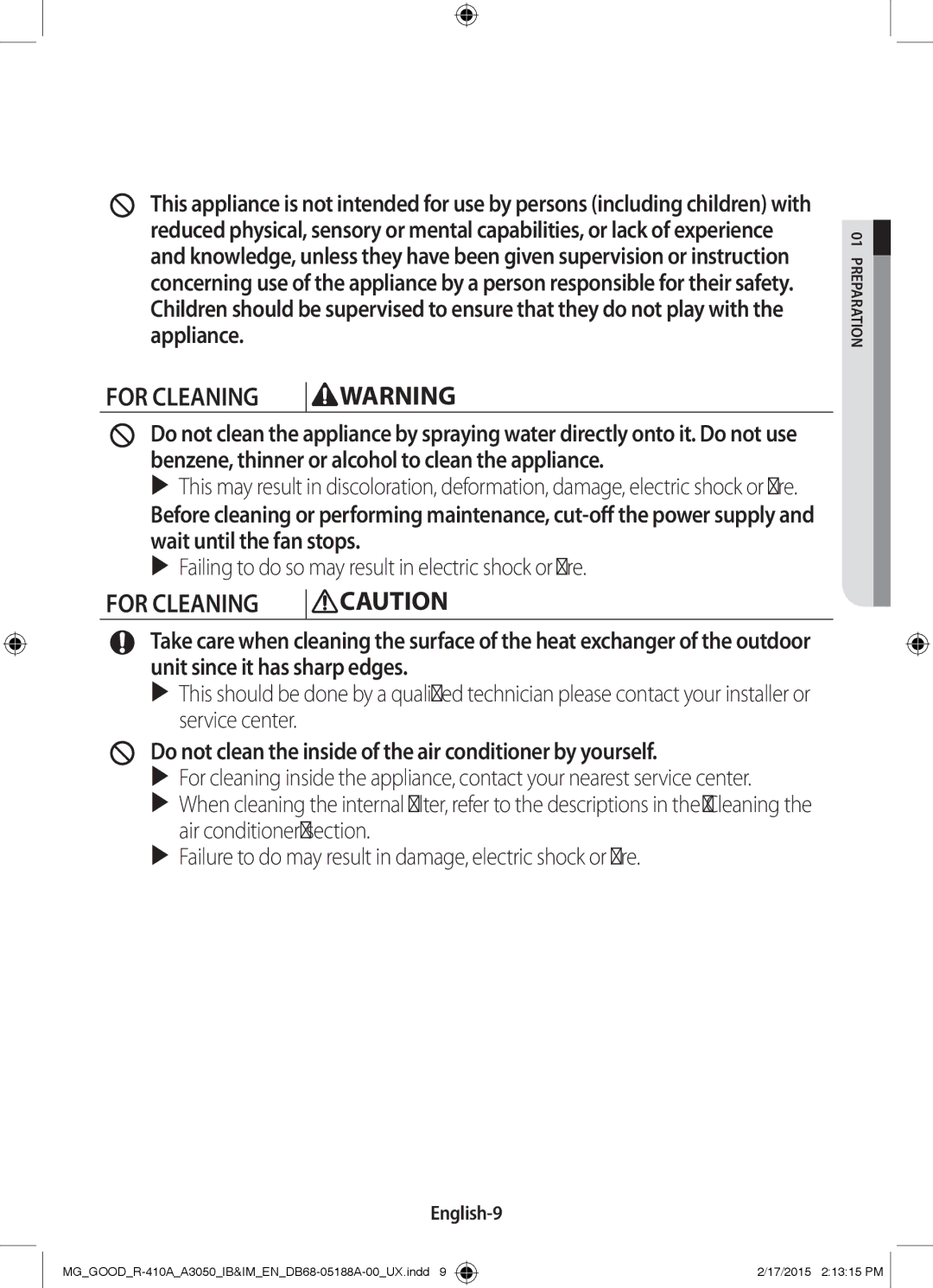 Samsung AR24JRFSBWKNMG, AR24JRFNBWKNMG manual For Cleaning, English-9 