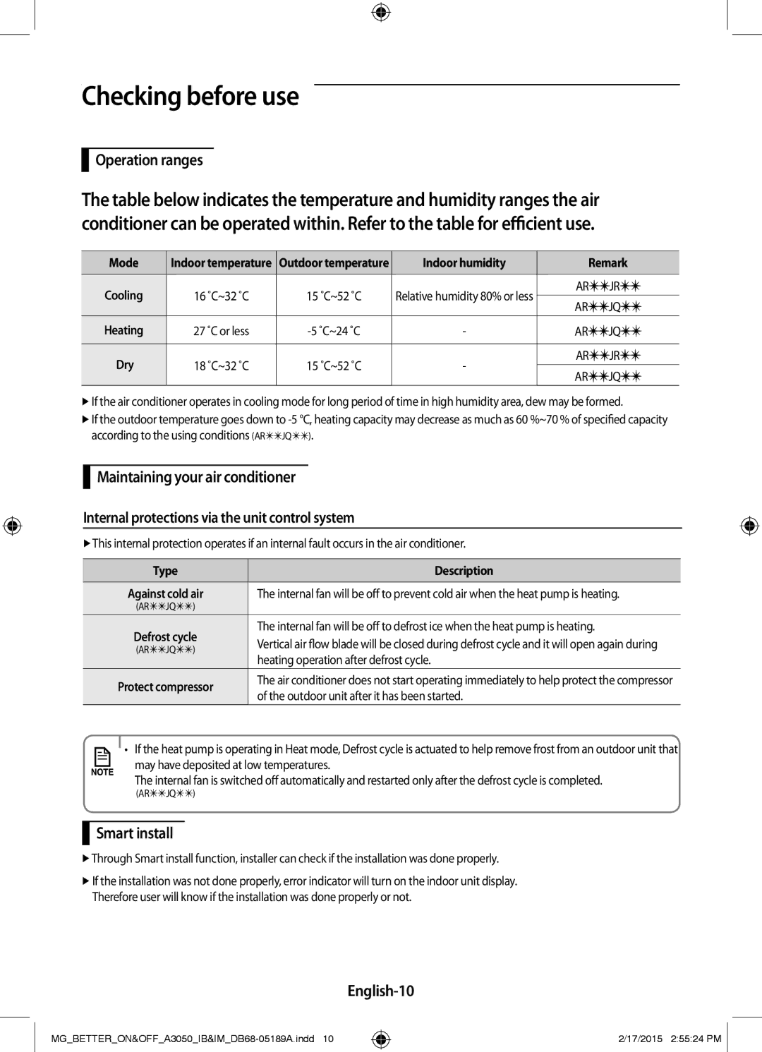 Samsung AR24JRSDBWKNMG manual Checking before use, Operation ranges, English-10 