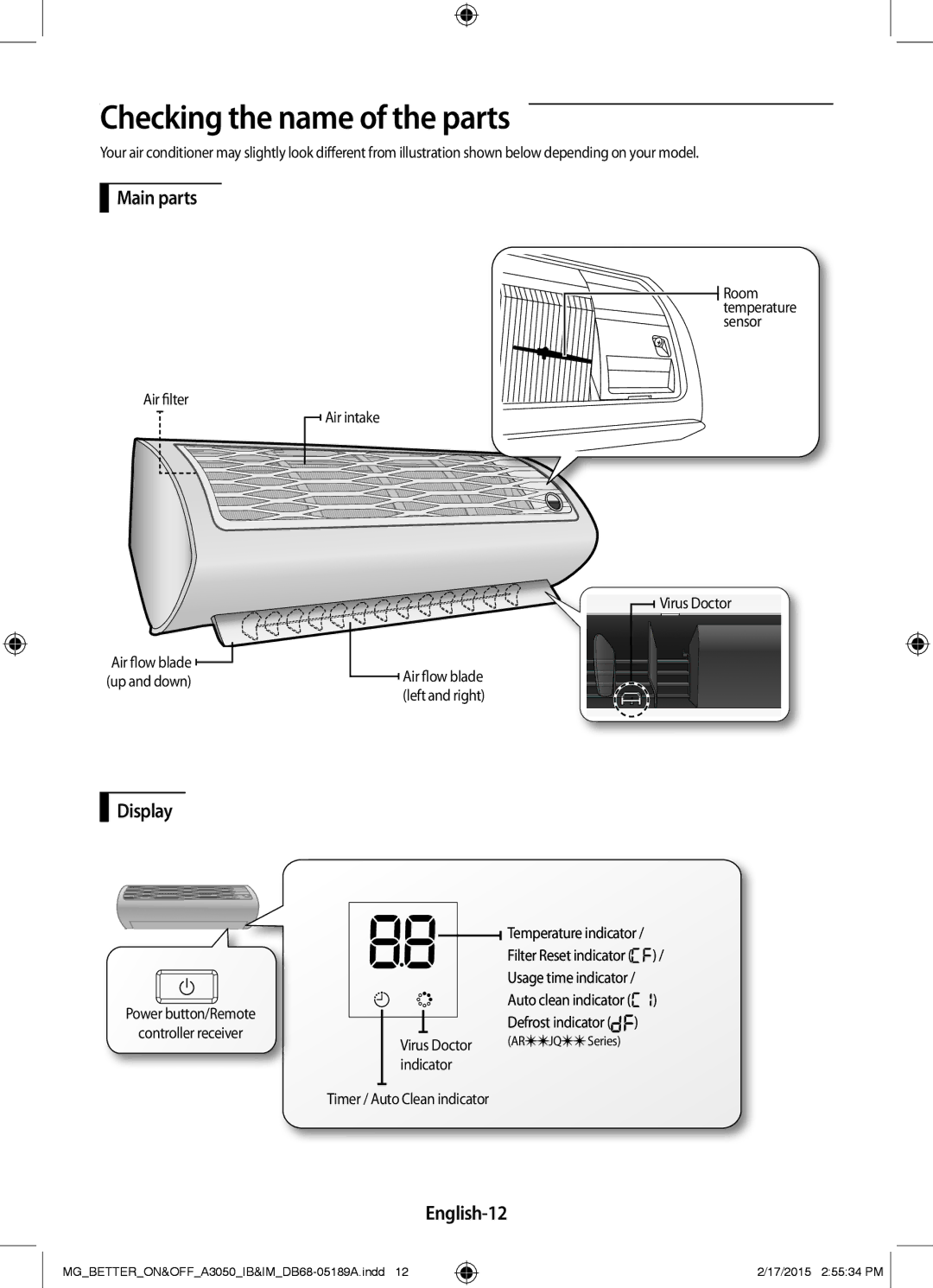 Samsung AR24JRSDBWKNMG manual Checking the name of the parts, Main parts, Display, English-12 