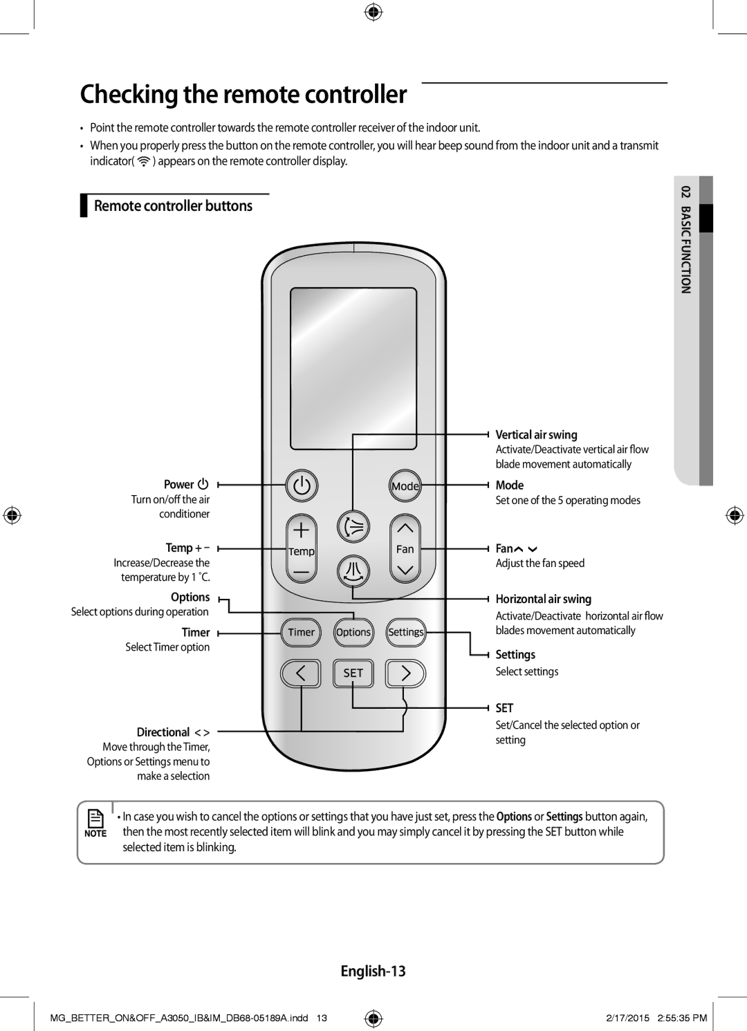 Samsung AR24JRSDBWKNMG manual Checking the remote controller, Remote controller buttons, English-13 