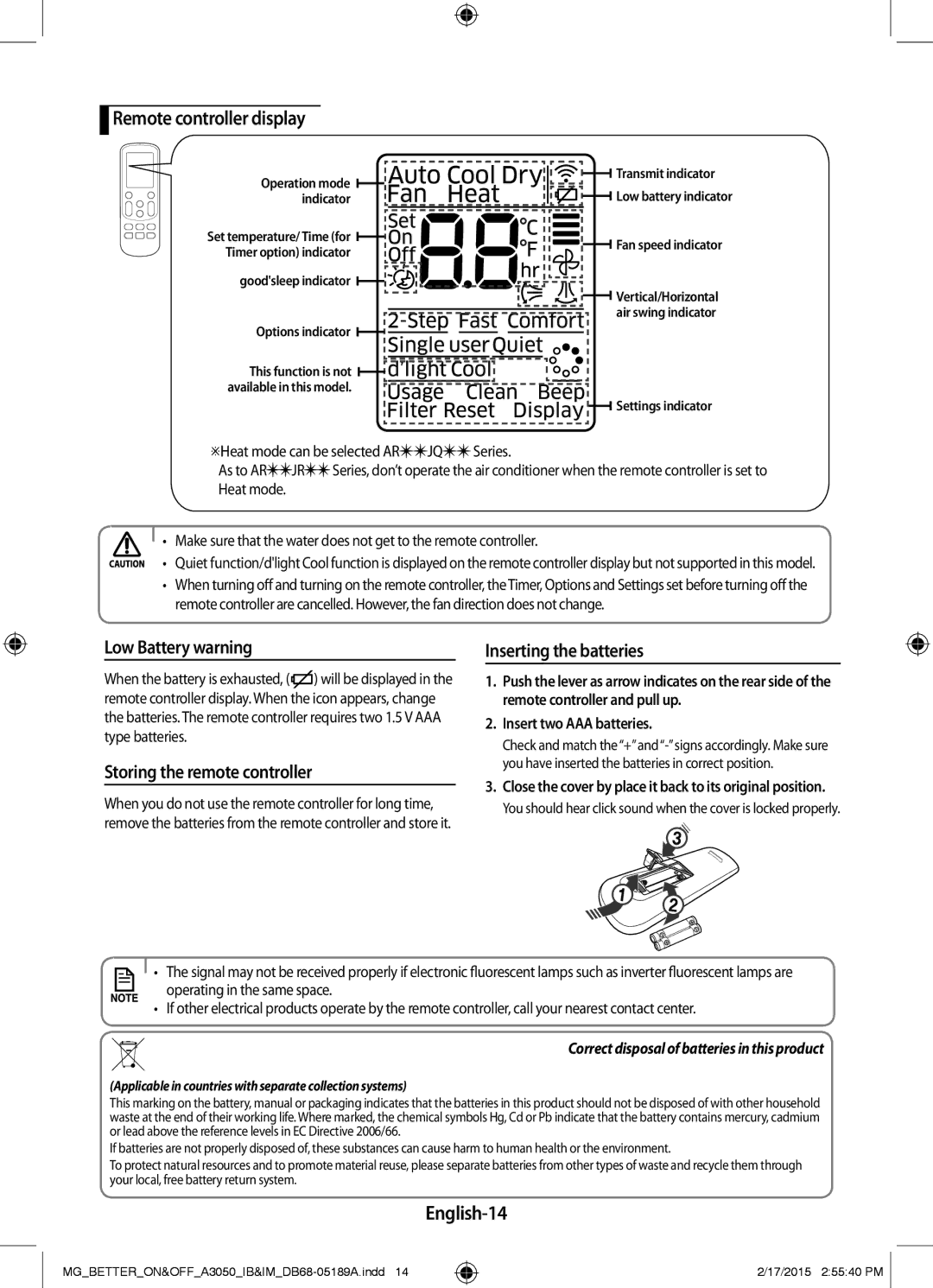 Samsung AR24JRSDBWKNMG manual Remote controller display, Low Battery warning, Storing the remote controller, English-14 