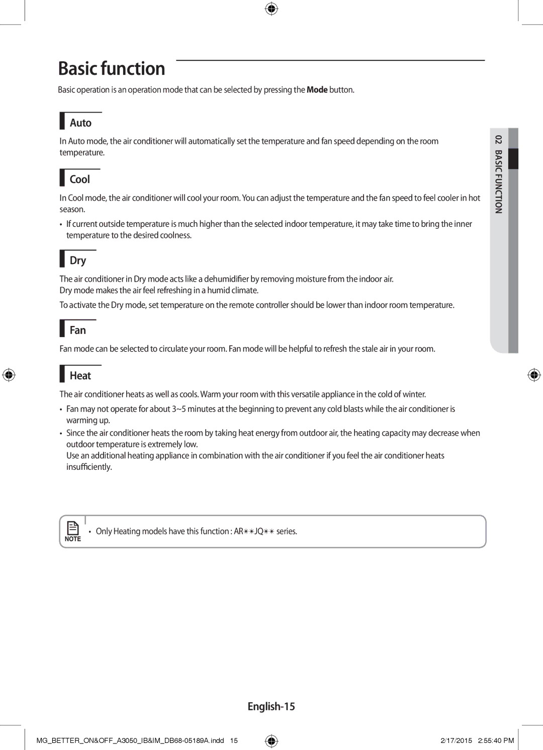 Samsung AR24JRSDBWKNMG manual Basic function 