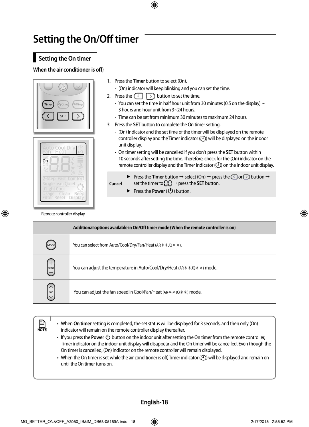 Samsung AR24JRSDBWKNMG manual Setting the On/Off timer, Setting the On timer, English-18 