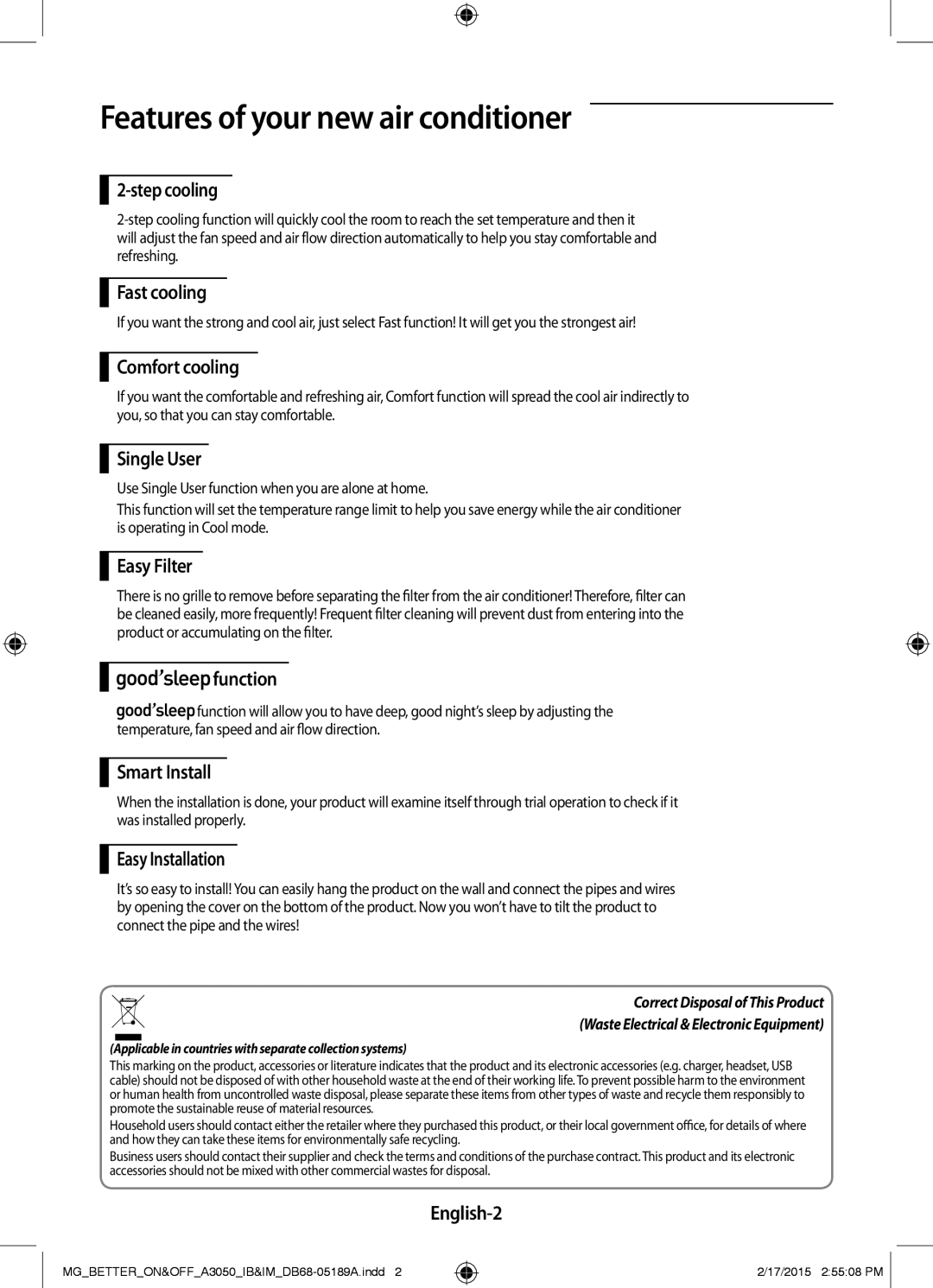 Samsung AR24JRSDBWKNMG manual Features of your new air conditioner 