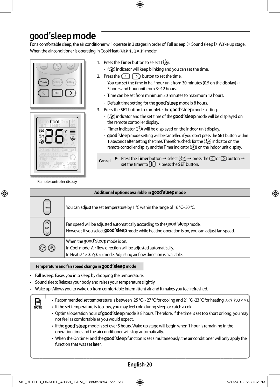 Samsung AR24JRSDBWKNMG manual Mode, English-20, Additional options available in mode 