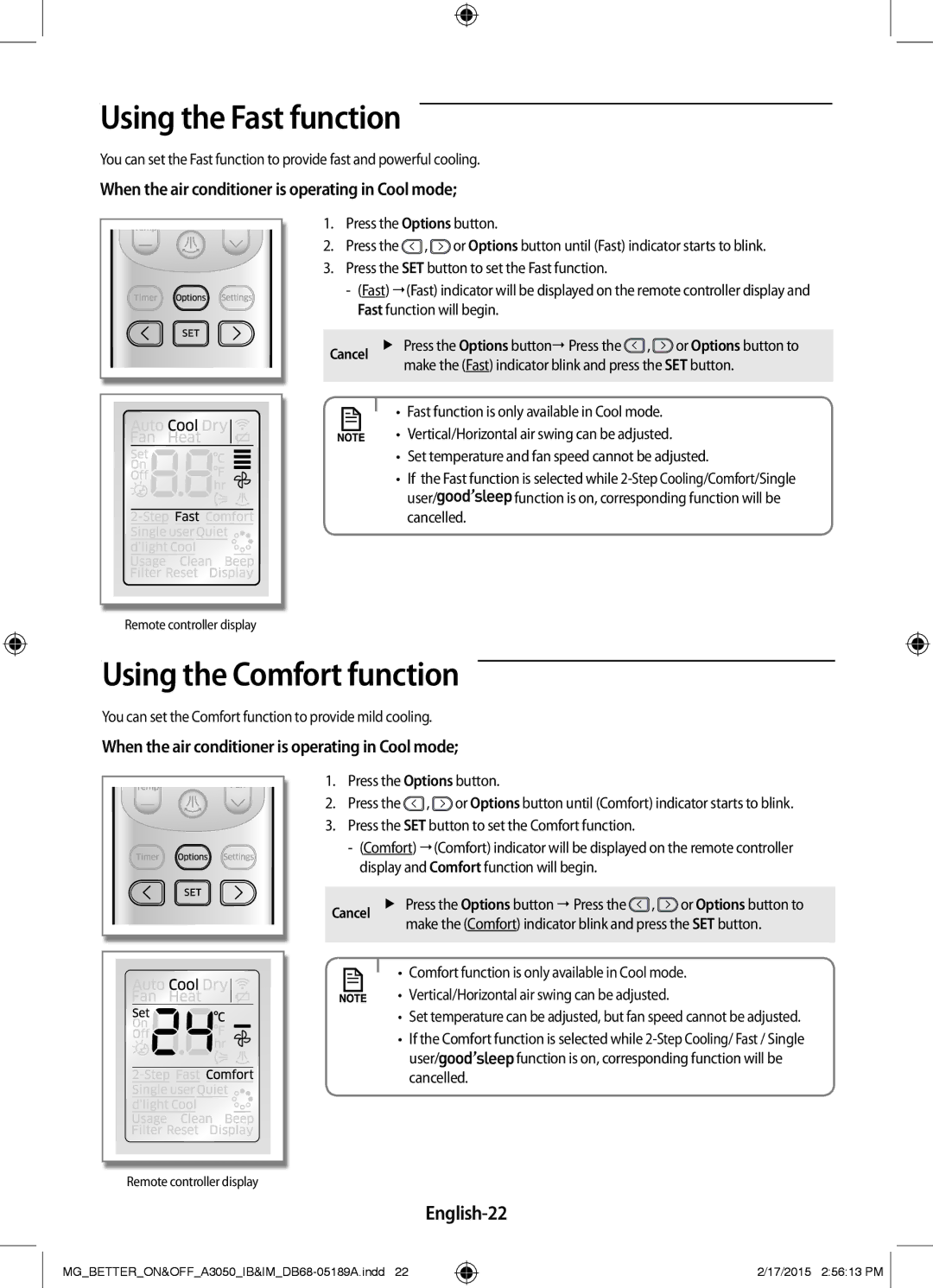 Samsung AR24JRSDBWKNMG manual Using the Fast function, Using the Comfort function, English-22 