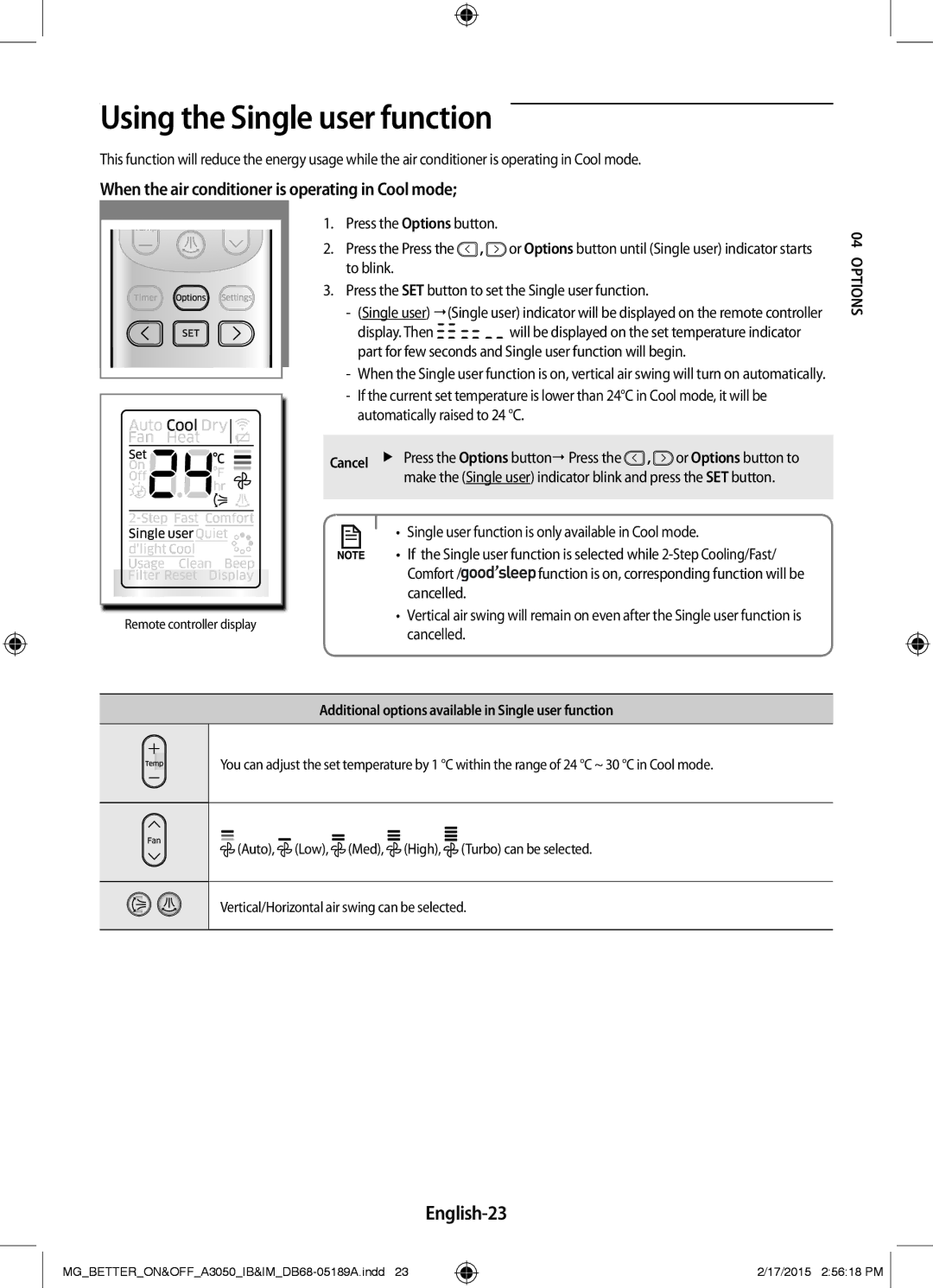 Samsung AR24JRSDBWKNMG Using the Single user function, English-23, Single user function is only available in Cool mode 