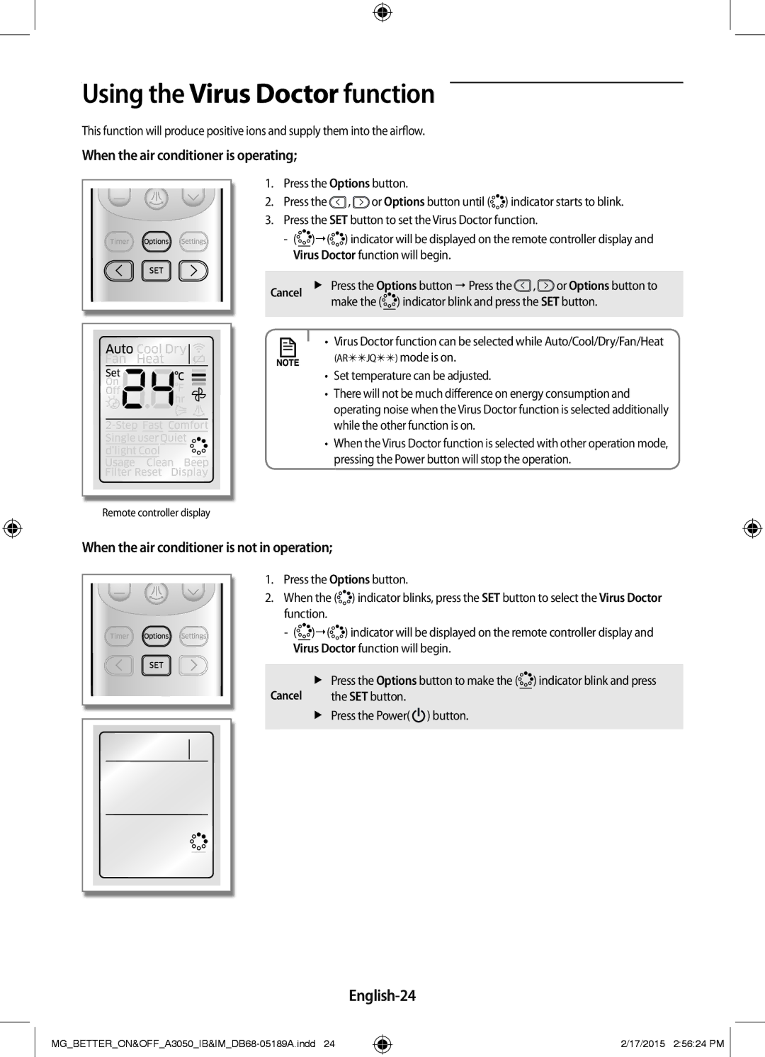 Samsung AR24JRSDBWKNMG Using the Virus Doctor function, English-24, Make the indicator blink and press the SET button 