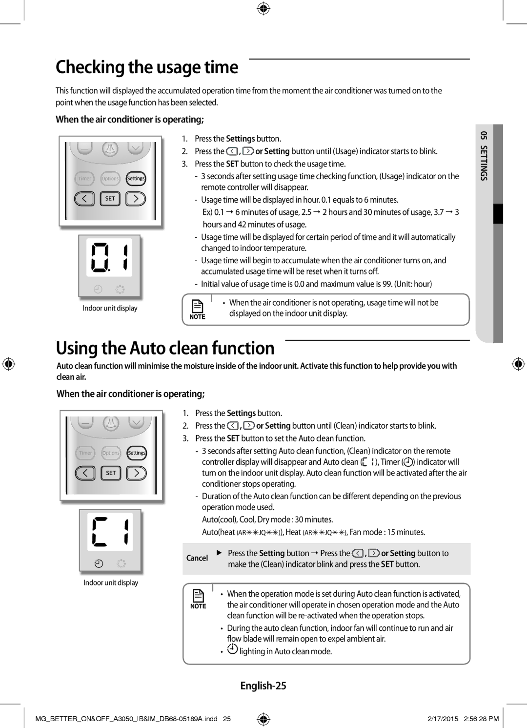 Samsung AR24JRSDBWKNMG manual Checking the usage time, Using the Auto clean function, English-25, Setti 