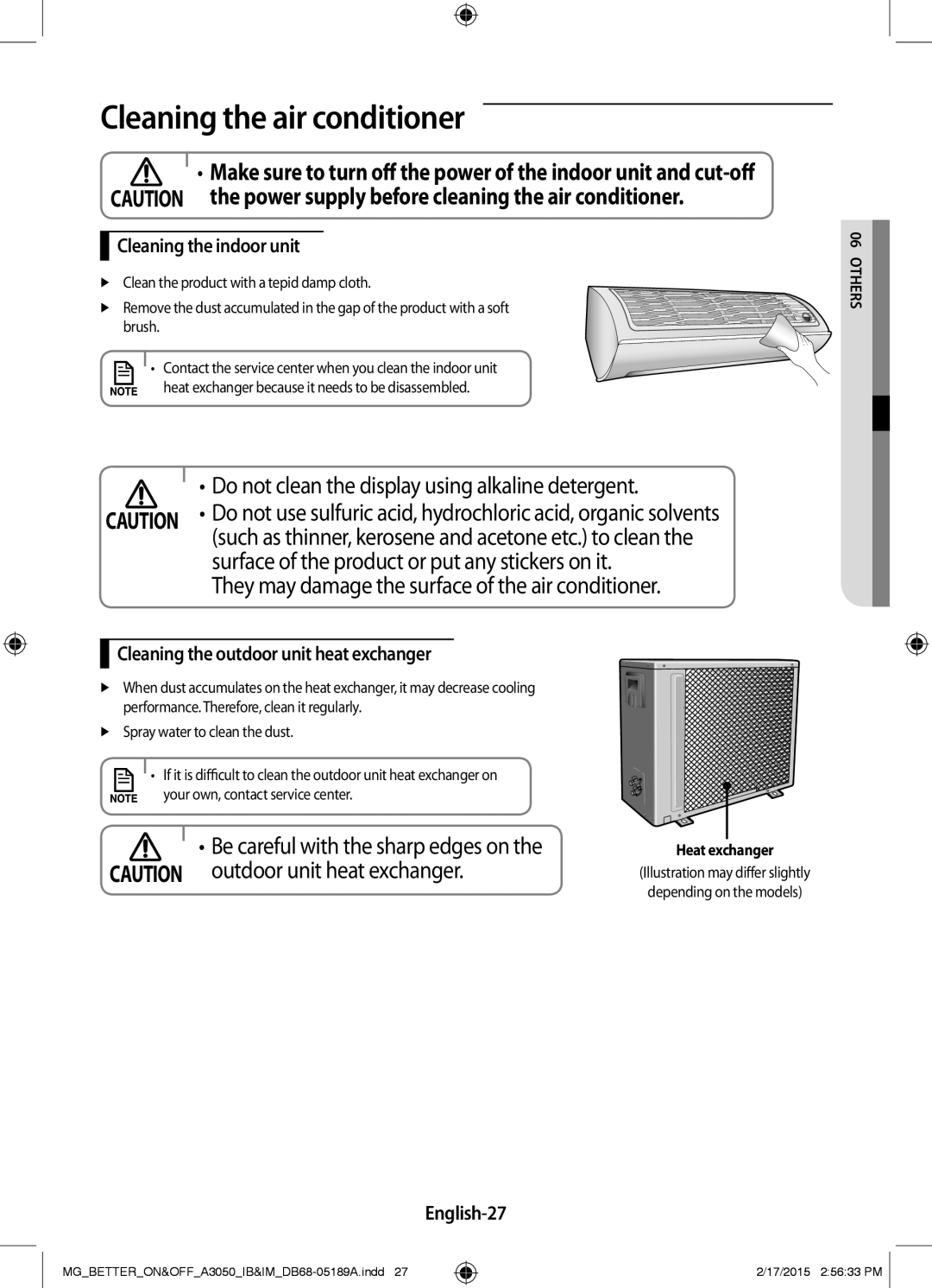 Samsung AR24JRSDBWKNMG Cleaning the air conditioner, Cleaning the indoor unit, Cleaning the outdoor unit heat exchanger 