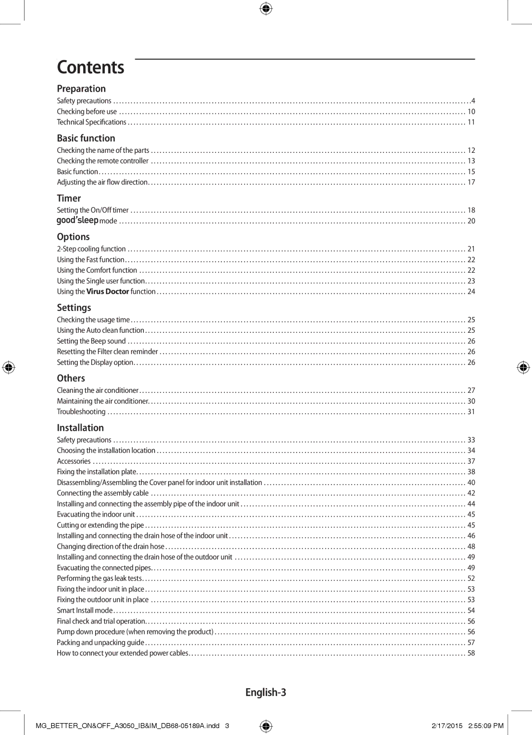 Samsung AR24JRSDBWKNMG manual Contents 