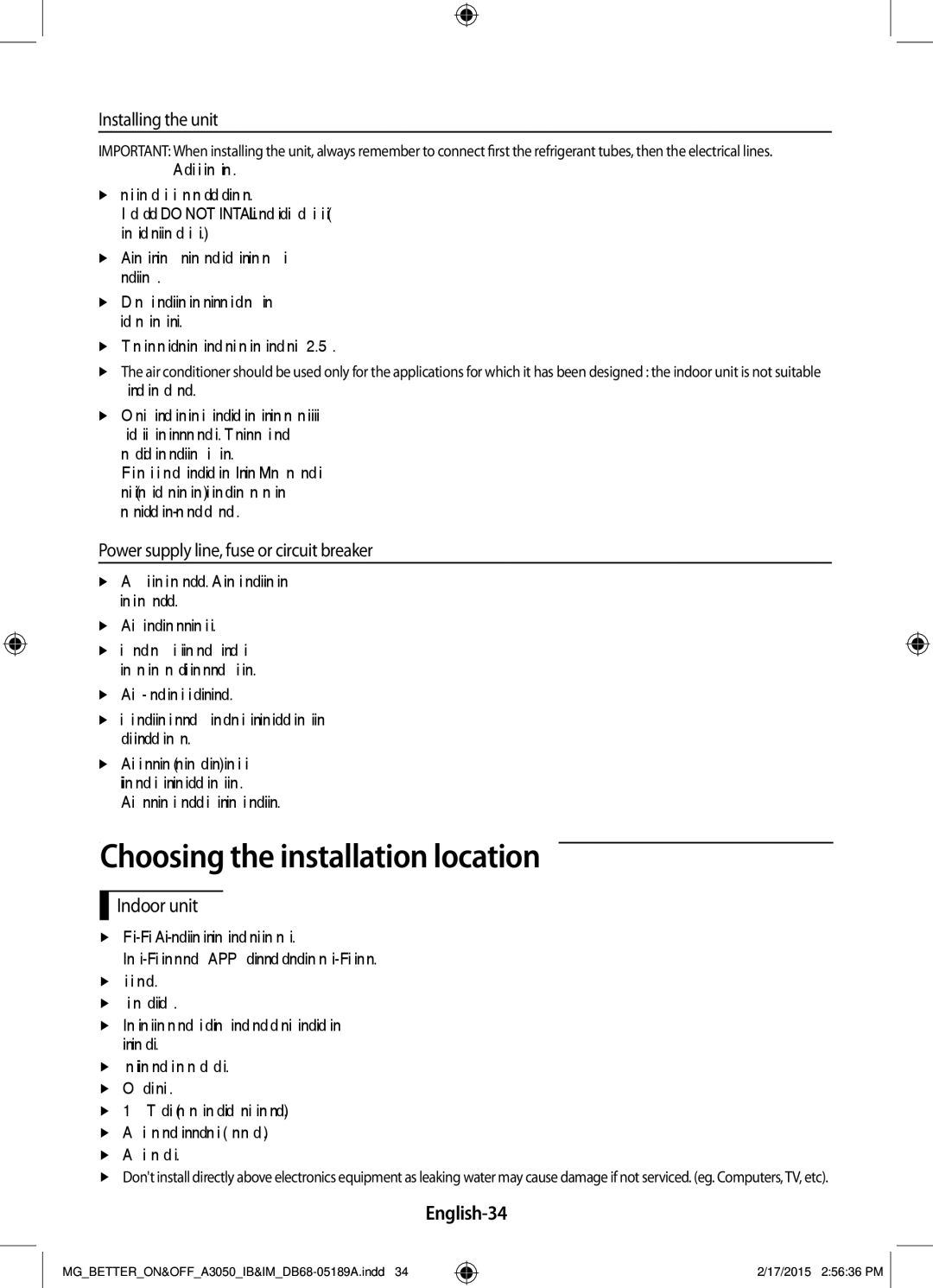 Samsung AR24JRSDBWKNMG Choosing the installation location, Installing the unit, Power supply line, fuse or circuit breaker 