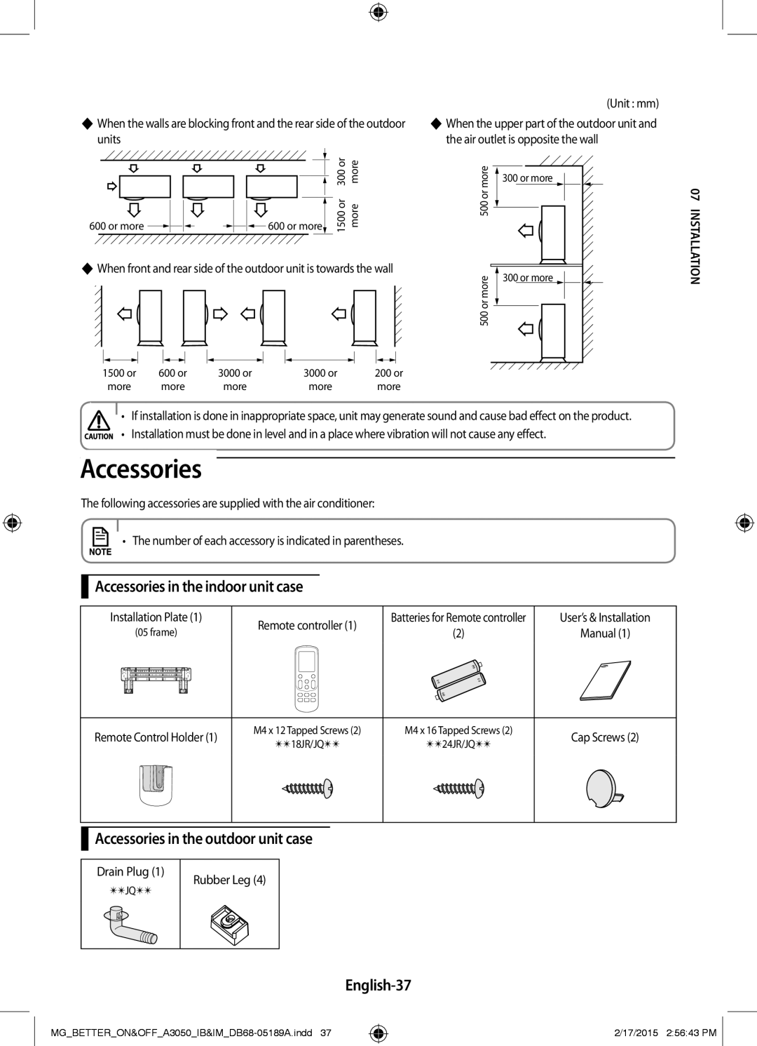 Samsung AR24JRSDBWKNMG Accessories in the indoor unit case, Accessories in the outdoor unit case, English-37, Atio 