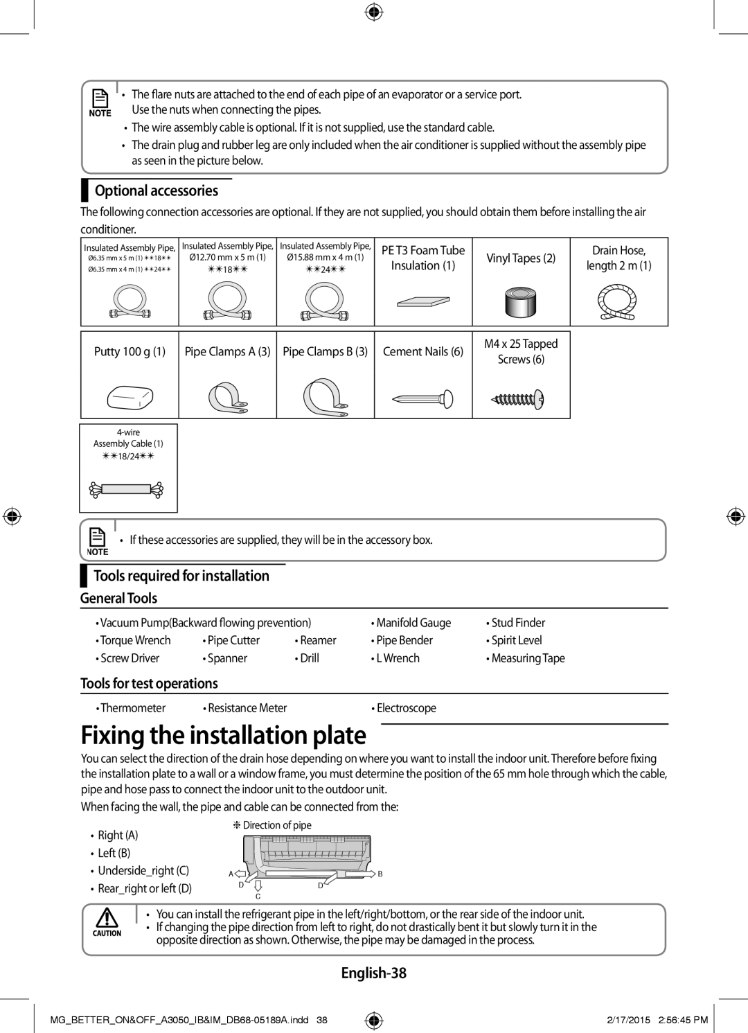 Samsung AR24JRSDBWKNMG Fixing the installation plate, Optional accessories, Tools required for installation General Tools 