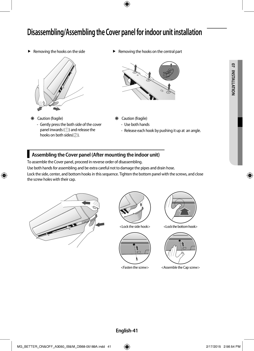 Samsung AR24JRSDBWKNMG manual Assembling the Cover panel After mounting the indoor unit, English-41 