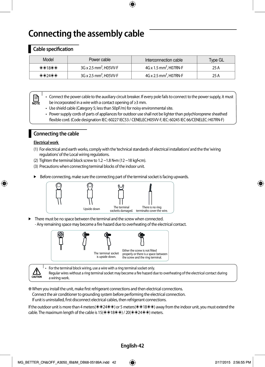 Samsung AR24JRSDBWKNMG manual Connecting the assembly cable, Cable specification, Connecting the cable, English-42 