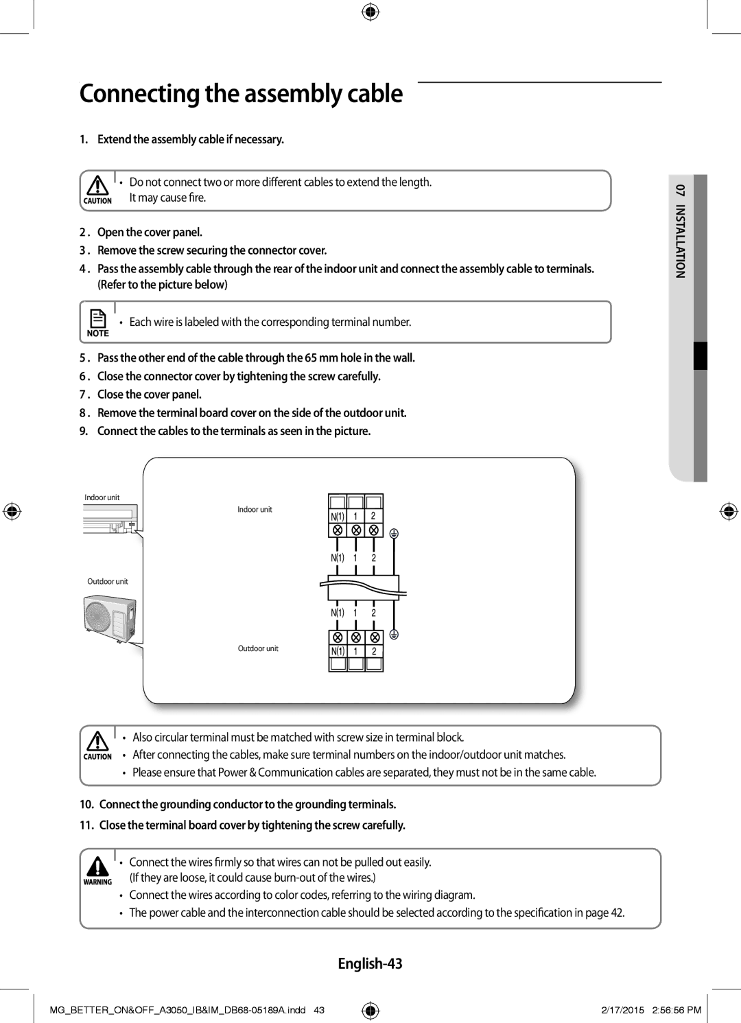 Samsung AR24JRSDBWKNMG manual English-43, Extend the assembly cable if necessary 