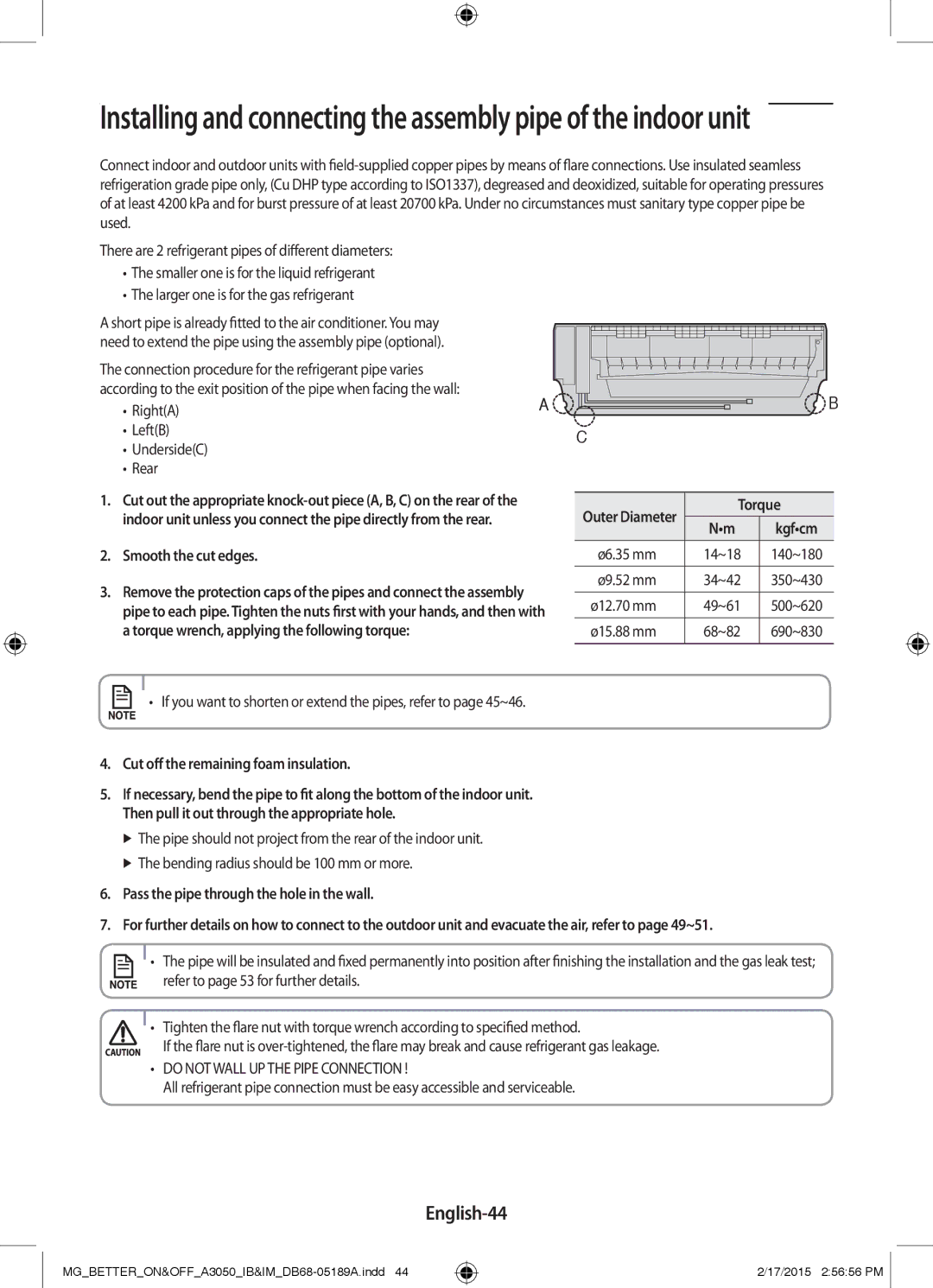 Samsung AR24JRSDBWKNMG manual English-44, Smooth the cut edges, Cut off the remaining foam insulation, Torque 