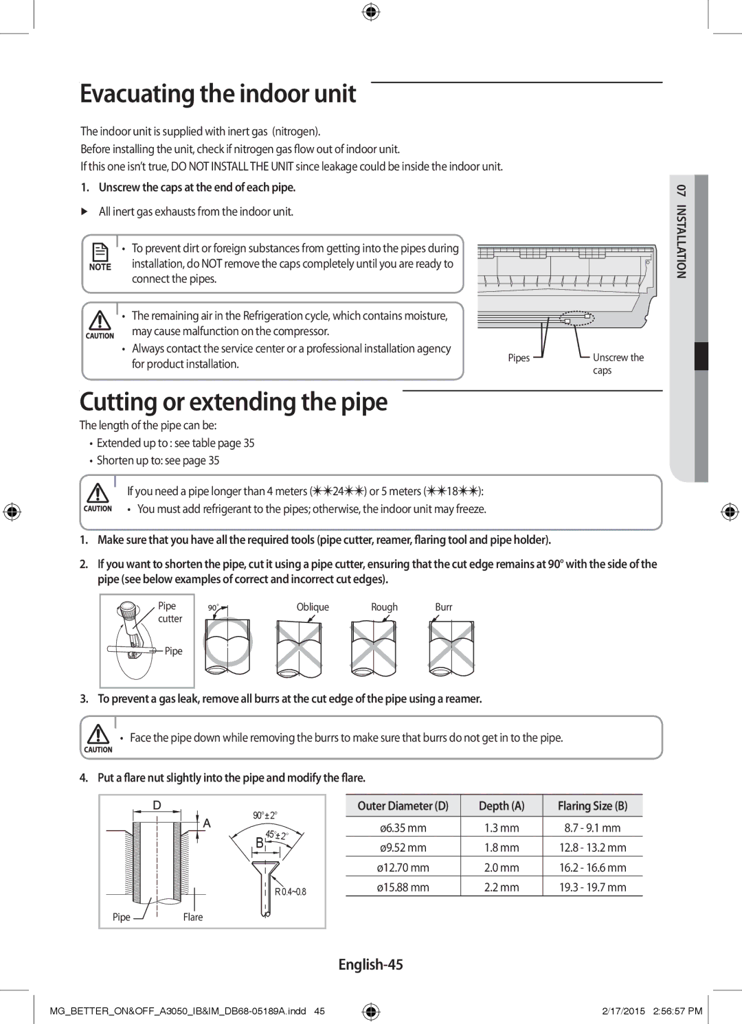 Samsung AR24JRSDBWKNMG manual Evacuating the indoor unit, Cutting or extending the pipe, English-45, Depth a 