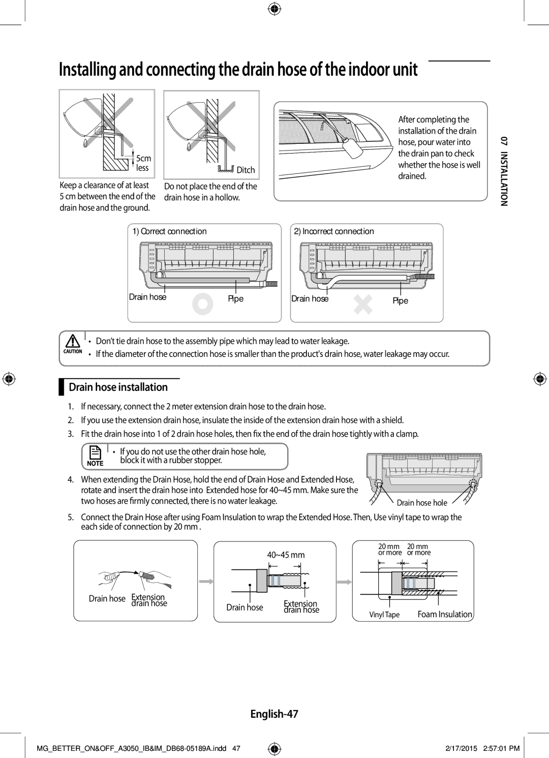 Samsung AR24JRSDBWKNMG manual Drain hose installation, English-47 