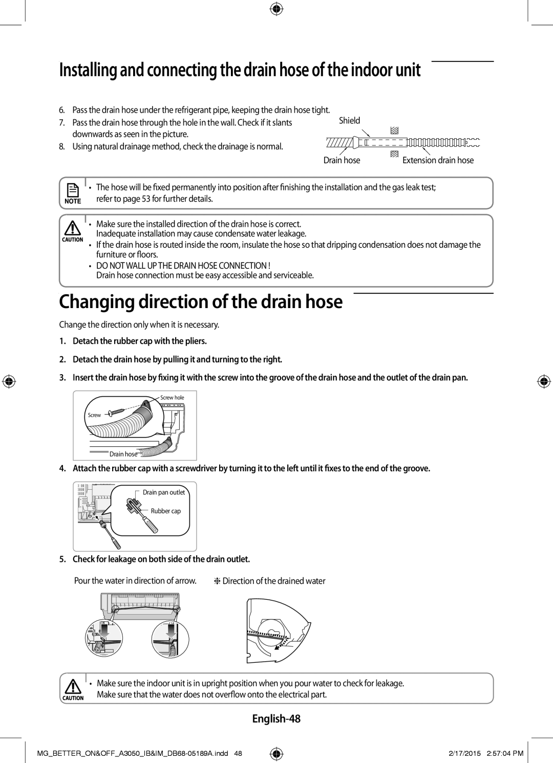 Samsung AR24JRSDBWKNMG Changing direction of the drain hose, English-48, Change the direction only when it is necessary 