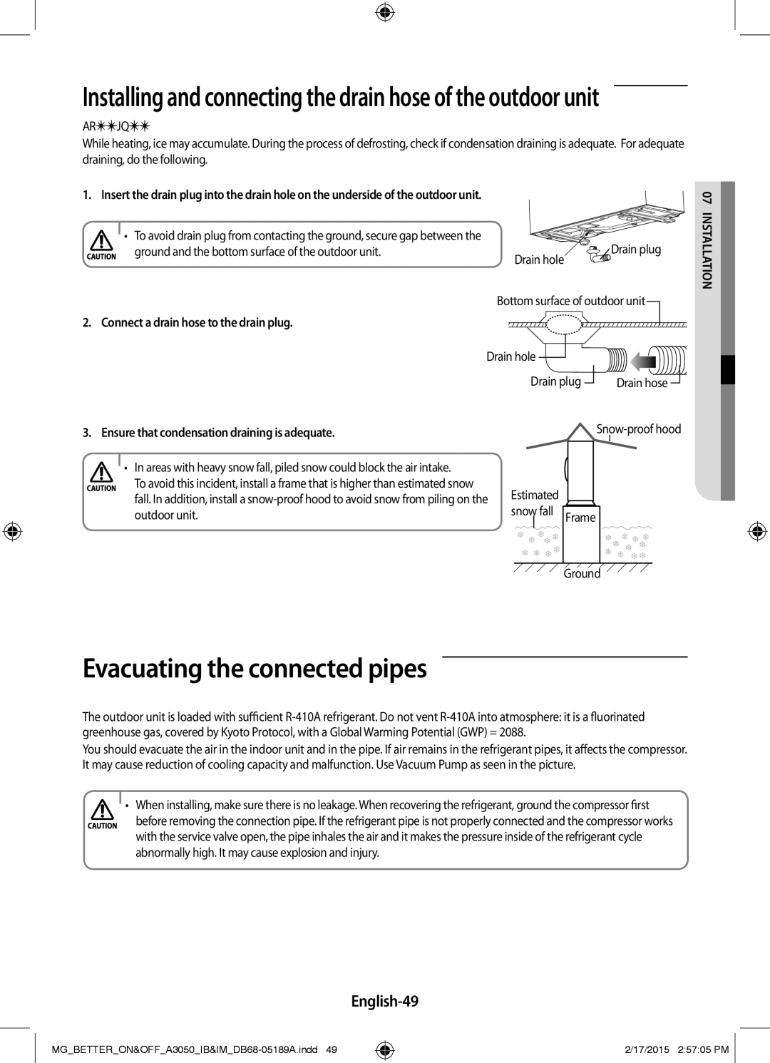 Samsung AR24JRSDBWKNMG manual Evacuating the connected pipes, English-49, Connect a drain hose to the drain plug 