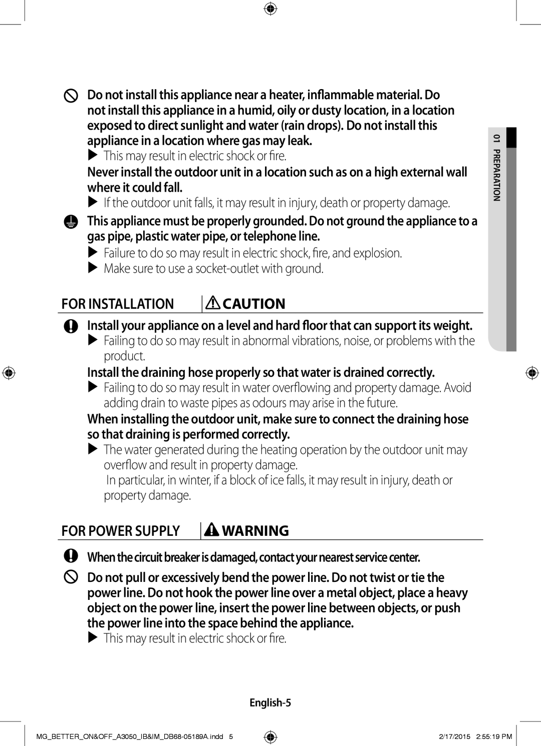 Samsung AR24JRSDBWKNMG manual English-5, 01epPr aration 